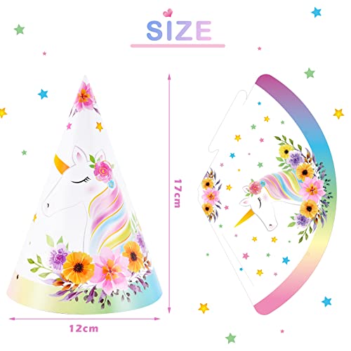Unicorn Happy Birthday Hats - 12 Pcs Unicorn Party Headwear for Kids Rainbow Theme Party Supplies Cake Hats for Girls Birthday Party Decorations Cone Hats with Elastic Cords