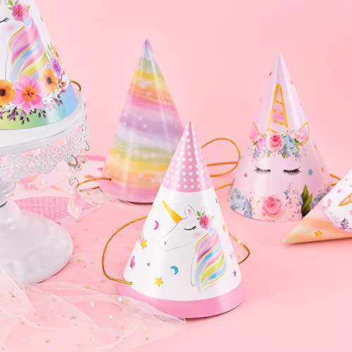 Unicorn Happy Birthday Hats - 12 Pcs Unicorn Party Headwear for Kids Rainbow Theme Party Supplies Cake Hats for Girls Birthday Party Decorations Cone Hats with Elastic Cords