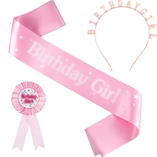 3 Pieces Birthday Badge Strap Birthday Girl Decorations Set Birthday Girl Sash Birthday Girl Tiara and Birthday Girl Award Badge Award Ribbon Badge for Girl Party Supplies (Pink, Rose Gold)