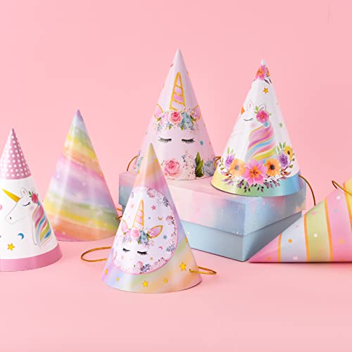 Unicorn Happy Birthday Hats - 12 Pcs Unicorn Party Headwear for Kids Rainbow Theme Party Supplies Cake Hats for Girls Birthday Party Decorations Cone Hats with Elastic Cords