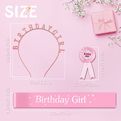 3 Pieces Birthday Badge Strap Birthday Girl Decorations Set Birthday Girl Sash Birthday Girl Tiara and Birthday Girl Award Badge Award Ribbon Badge for Girl Party Supplies (Pink, Rose Gold)