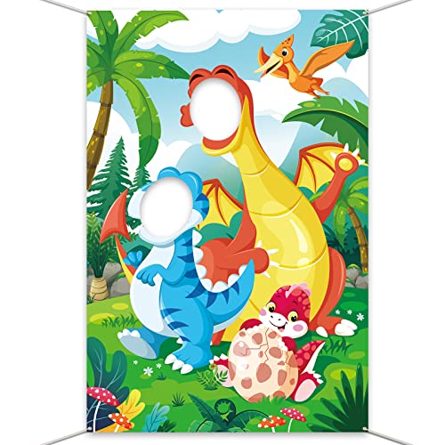 DPKOW Dinosaur Party Photo Prop for Kids Boys, Funny Face in Hole Backdrop Dinosaur Door Banner for Boys Dinosaur Birthday Party Decorations, Fabric Face Photo Banner for Boys Dinosaur Party Supplies