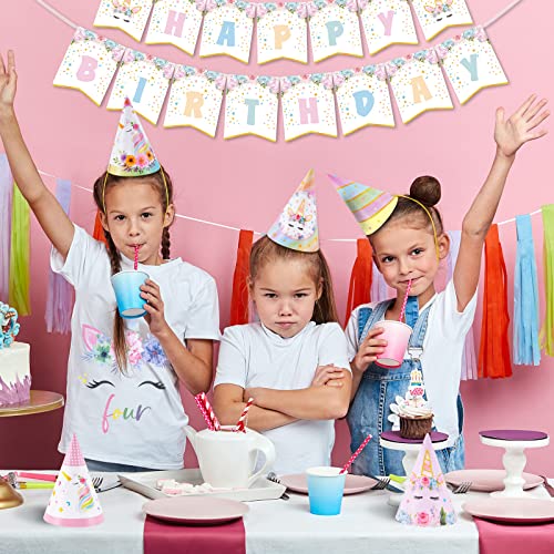 Unicorn Happy Birthday Hats - 12 Pcs Unicorn Party Headwear for Kids Rainbow Theme Party Supplies Cake Hats for Girls Birthday Party Decorations Cone Hats with Elastic Cords