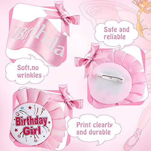 3 Pieces Birthday Badge Strap Birthday Girl Decorations Set Birthday Girl Sash Birthday Girl Tiara and Birthday Girl Award Badge Award Ribbon Badge for Girl Party Supplies (Pink, Rose Gold)