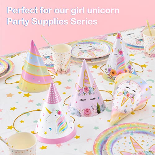 Unicorn Happy Birthday Hats - 12 Pcs Unicorn Party Headwear for Kids Rainbow Theme Party Supplies Cake Hats for Girls Birthday Party Decorations Cone Hats with Elastic Cords