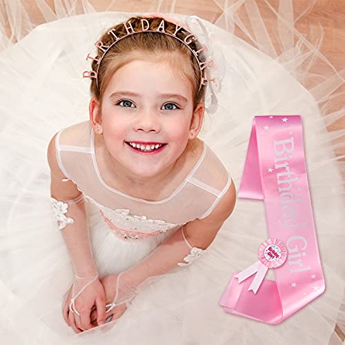 3 Pieces Birthday Badge Strap Birthday Girl Decorations Set Birthday Girl Sash Birthday Girl Tiara and Birthday Girl Award Badge Award Ribbon Badge for Girl Party Supplies (Pink, Rose Gold)