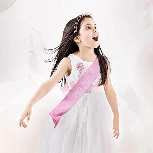 3 Pieces Birthday Badge Strap Birthday Girl Decorations Set Birthday Girl Sash Birthday Girl Tiara and Birthday Girl Award Badge Award Ribbon Badge for Girl Party Supplies (Pink, Rose Gold)