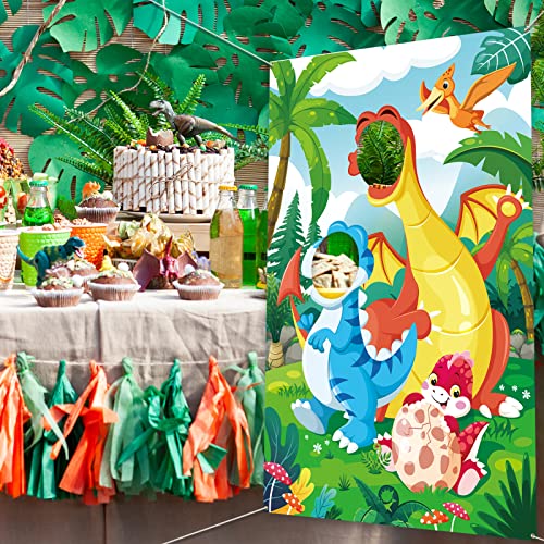 DPKOW Dinosaur Party Photo Prop for Kids Boys, Funny Face in Hole Backdrop Dinosaur Door Banner for Boys Dinosaur Birthday Party Decorations, Fabric Face Photo Banner for Boys Dinosaur Party Supplies