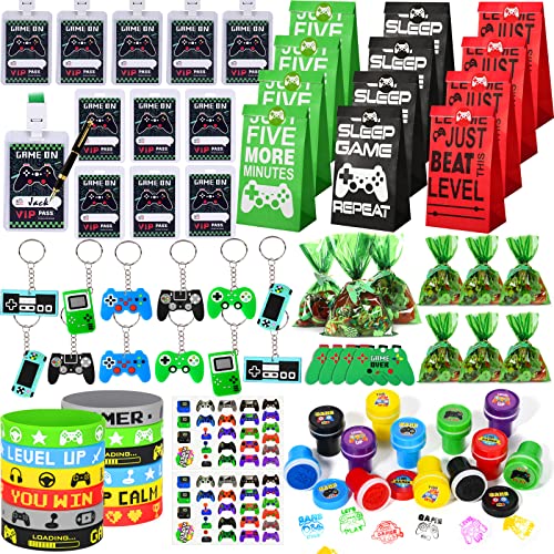 102pcs Gaming Party Bag Fillers Gamer Party Favours with Gaming Keychain Silicone Bracelet Video Game Stamps VIP Pass Tickets Supplies Pinata Goodie Bag Fillers for Kids Boys