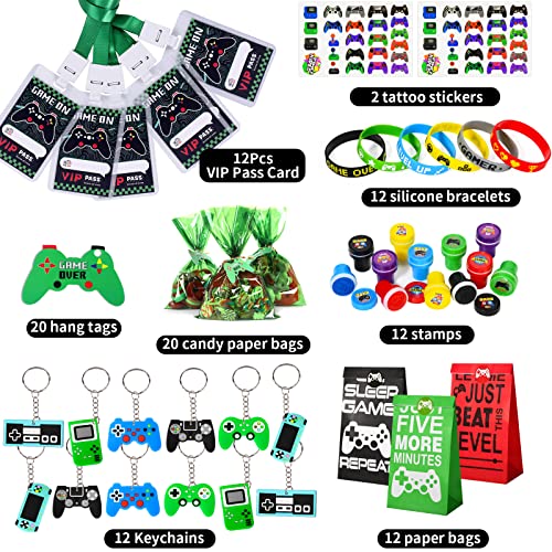 102pcs Gaming Party Bag Fillers Gamer Party Favours with Gaming Keychain Silicone Bracelet Video Game Stamps VIP Pass Tickets Supplies Pinata Goodie Bag Fillers for Kids Boys