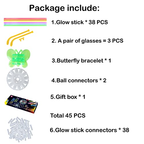 YouCute Glow Sticks 45 PCS Party Favours Supplies Neon Party Packs Glasses Bracelet In The Dark For Children Adults, Multicolor, YC45