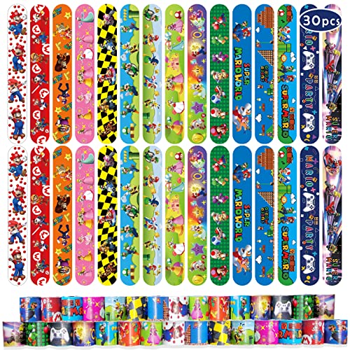 Acuiwer 30 PCS Slap Bracelet Slap Bands Bulk Wrist Bands for Kids Party Bag Fillers Mario Party Supplies Flavors Gift for Girls Boys Birthday Christmas(New Mario-30pcs)