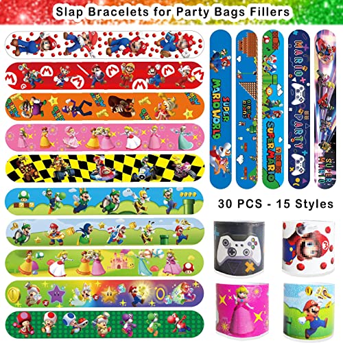 Acuiwer 30 PCS Slap Bracelet Slap Bands Bulk Wrist Bands for Kids Party Bag Fillers Mario Party Supplies Flavors Gift for Girls Boys Birthday Christmas(New Mario-30pcs)