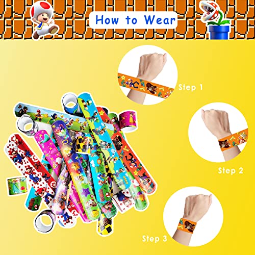 Acuiwer 30 PCS Slap Bracelet Slap Bands Bulk Wrist Bands for Kids Party Bag Fillers Mario Party Supplies Flavors Gift for Girls Boys Birthday Christmas(New Mario-30pcs)
