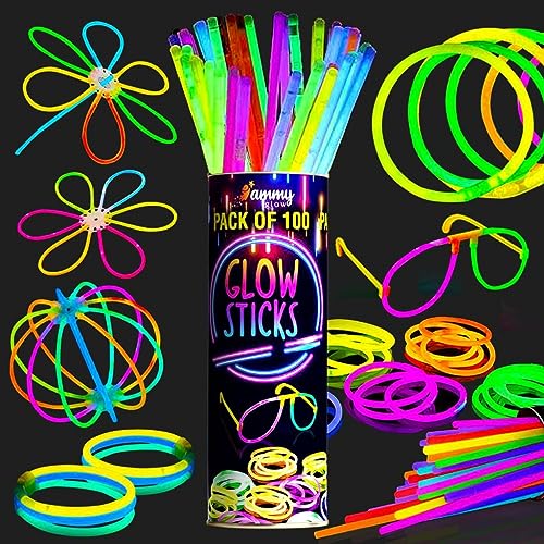 Ammy Glow UK-100 Premium Glow Sticks for Children- Adults-205 Pcs-Glow In The Dark Eye Glasses kit-Bracelet Connectors- Necklaces and Balls -12 hour Non Stop Glow for Party Supplies- Non Toxic