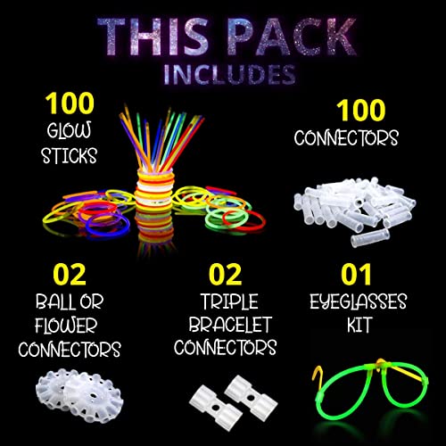 Ammy Glow UK-100 Premium Glow Sticks for Children- Adults-205 Pcs-Glow In The Dark Eye Glasses kit-Bracelet Connectors- Necklaces and Balls -12 hour Non Stop Glow for Party Supplies- Non Toxic