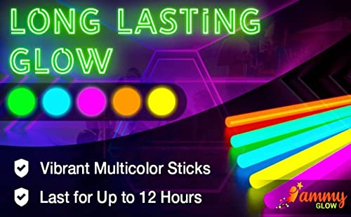 Ammy Glow UK-100 Premium Glow Sticks for Children- Adults-205 Pcs-Glow In The Dark Eye Glasses kit-Bracelet Connectors- Necklaces and Balls -12 hour Non Stop Glow for Party Supplies- Non Toxic