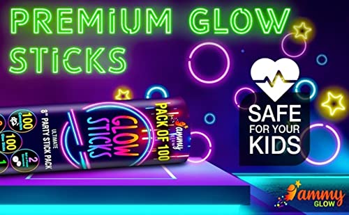 Ammy Glow UK-100 Premium Glow Sticks for Children- Adults-205 Pcs-Glow In The Dark Eye Glasses kit-Bracelet Connectors- Necklaces and Balls -12 hour Non Stop Glow for Party Supplies- Non Toxic