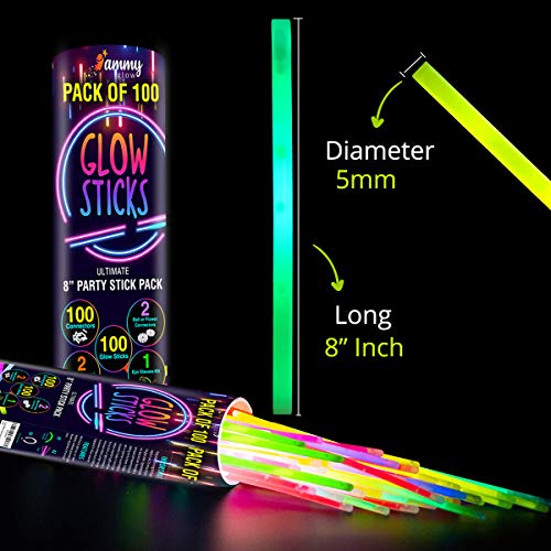 Ammy Glow UK-100 Premium Glow Sticks for Children- Adults-205 Pcs-Glow In The Dark Eye Glasses kit-Bracelet Connectors- Necklaces and Balls -12 hour Non Stop Glow for Party Supplies- Non Toxic