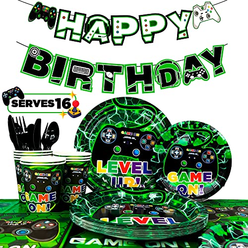 Fruitful Party Video Game Party Supplies,128pcs Video Game Party Tableware Set-Video Game Plates & Cups & Napkins&Gaming Party Decor Banner etc Green Video Birthday Party Supplies Boys Kids Party