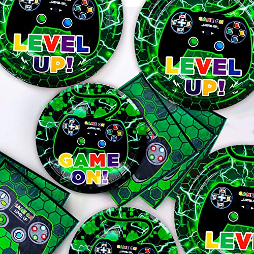 Fruitful Party Video Game Party Supplies,128pcs Video Game Party Tableware Set-Video Game Plates & Cups & Napkins&Gaming Party Decor Banner etc Green Video Birthday Party Supplies Boys Kids Party