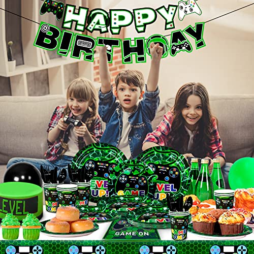 Fruitful Party Video Game Party Supplies,128pcs Video Game Party Tableware Set-Video Game Plates & Cups & Napkins&Gaming Party Decor Banner etc Green Video Birthday Party Supplies Boys Kids Party