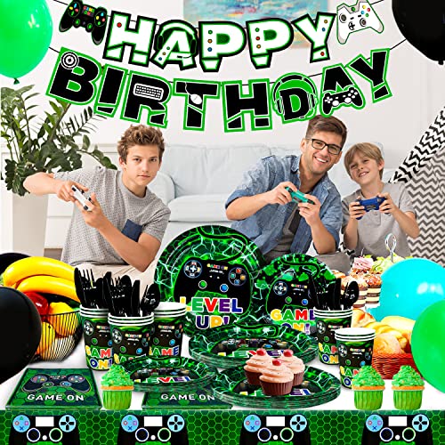 Fruitful Party Video Game Party Supplies,128pcs Video Game Party Tableware Set-Video Game Plates & Cups & Napkins&Gaming Party Decor Banner etc Green Video Birthday Party Supplies Boys Kids Party