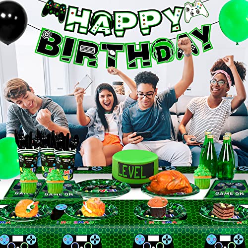 Fruitful Party Video Game Party Supplies,128pcs Video Game Party Tableware Set-Video Game Plates & Cups & Napkins&Gaming Party Decor Banner etc Green Video Birthday Party Supplies Boys Kids Party