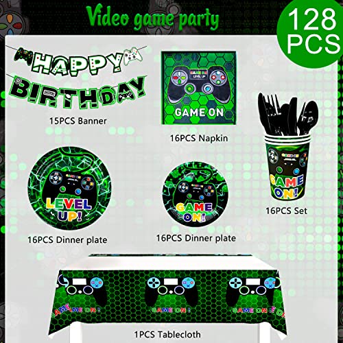Fruitful Party Video Game Party Supplies,128pcs Video Game Party Tableware Set-Video Game Plates & Cups & Napkins&Gaming Party Decor Banner etc Green Video Birthday Party Supplies Boys Kids Party