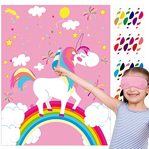 Pin the Horn on the Unicorn with a 21" x 28" Poster, 24 Pcs Reusable Stickers, 1 Eye Mask for Pin the Tail on the Unicorn Party Games, Girls Birthday Party Decorations, Party Favors Supplies