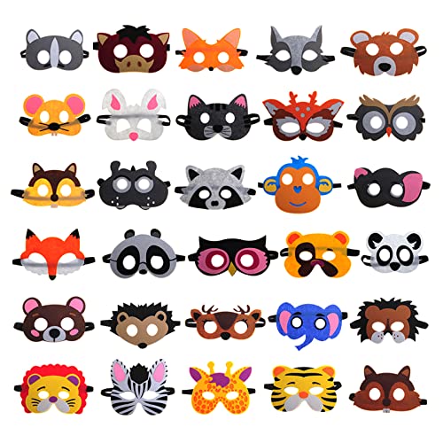 RoterSee 30 Pieces Felt Animal Masks for Kids Jungle Theme Party Favors Supplies