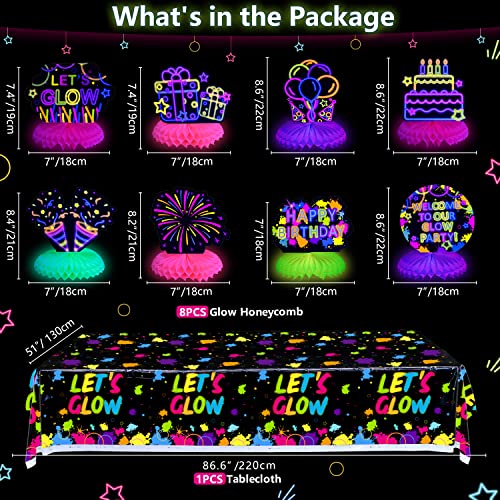 PIXHOTUL Glow Party Birthday Honeycomb Centerpiece - 8 Pcs Black Light Honeycomb Centerpieces and Let's Glow Tablecloth Neon Party Decorations for Kids Glow in Dark Party Supplies (01)