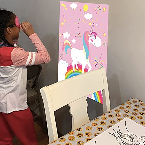 Pin the Horn on the Unicorn with a 21" x 28" Poster, 24 Pcs Reusable Stickers, 1 Eye Mask for Pin the Tail on the Unicorn Party Games, Girls Birthday Party Decorations, Party Favors Supplies