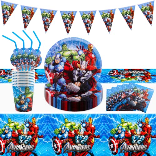 52 Pcs Party Tableware Set, Hero Party Supplies Set with Paper Plates Cups Napkins and Tablecloth , Hero Party Decorations, Kids Birthday Party Decorations