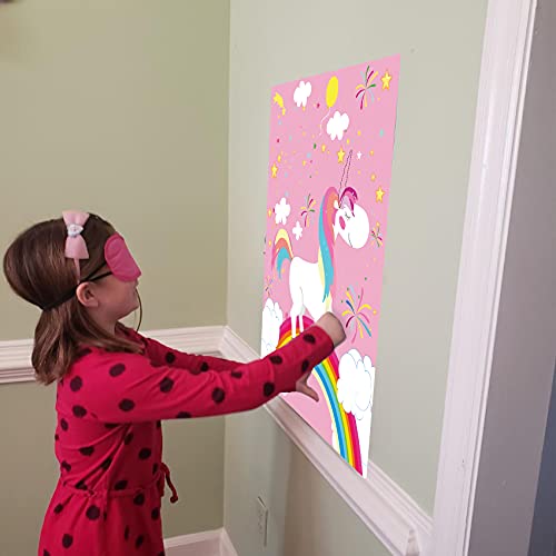 Pin the Horn on the Unicorn with a 21" x 28" Poster, 24 Pcs Reusable Stickers, 1 Eye Mask for Pin the Tail on the Unicorn Party Games, Girls Birthday Party Decorations, Party Favors Supplies