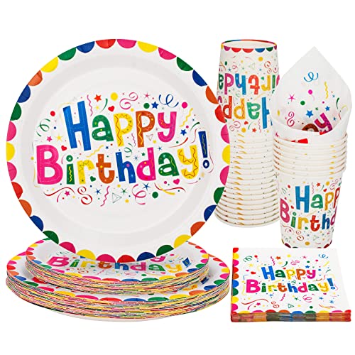 PARTY GO 100PCS Rainbow Happy Birthday Party Supplies Set Paper Plates Napkins Cups Rainbow Birthday Party Decorations for 25 Guests