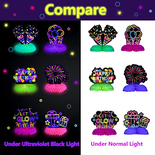 PIXHOTUL Glow Party Birthday Honeycomb Centerpiece - 8 Pcs Black Light Honeycomb Centerpieces and Let's Glow Tablecloth Neon Party Decorations for Kids Glow in Dark Party Supplies (01)