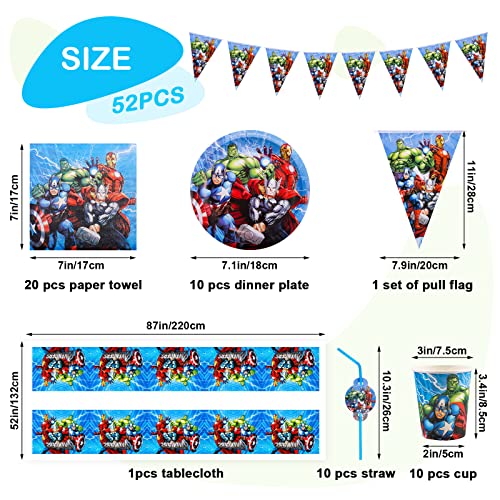 52 Pcs Party Tableware Set, Hero Party Supplies Set with Paper Plates Cups Napkins and Tablecloth , Hero Party Decorations, Kids Birthday Party Decorations