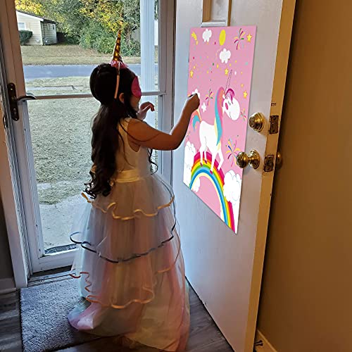 Pin the Horn on the Unicorn with a 21" x 28" Poster, 24 Pcs Reusable Stickers, 1 Eye Mask for Pin the Tail on the Unicorn Party Games, Girls Birthday Party Decorations, Party Favors Supplies