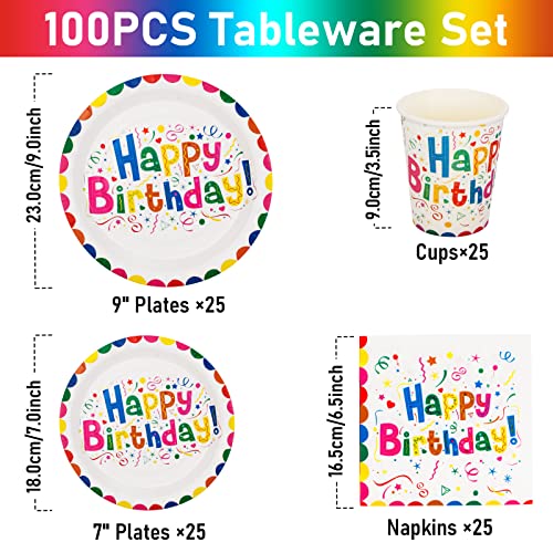 PARTY GO 100PCS Rainbow Happy Birthday Party Supplies Set Paper Plates Napkins Cups Rainbow Birthday Party Decorations for 25 Guests