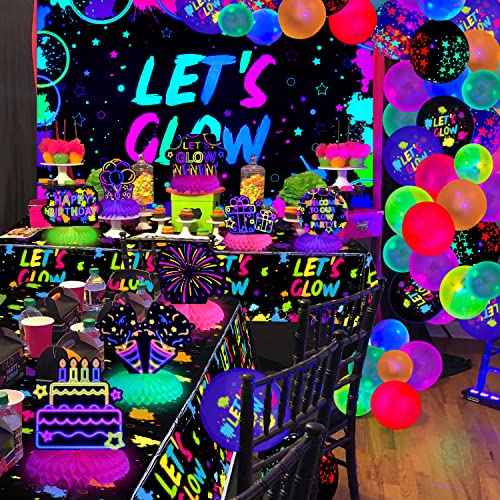 PIXHOTUL Glow Party Birthday Honeycomb Centerpiece - 8 Pcs Black Light Honeycomb Centerpieces and Let's Glow Tablecloth Neon Party Decorations for Kids Glow in Dark Party Supplies (01)
