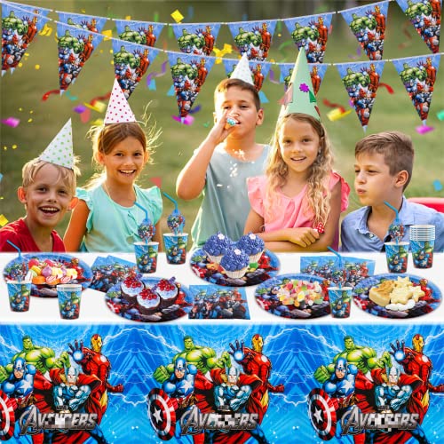 52 Pcs Party Tableware Set, Hero Party Supplies Set with Paper Plates Cups Napkins and Tablecloth , Hero Party Decorations, Kids Birthday Party Decorations