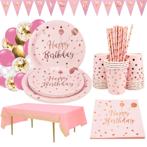Pink and Gold Party Supplies Pink Birthday Plate Happy Birthday Party Cutlery Include Party Plate Napkins Cup Straws Tablecloths for Baby Shower Girls Ladies Birthday Party (Pink Serves 16)