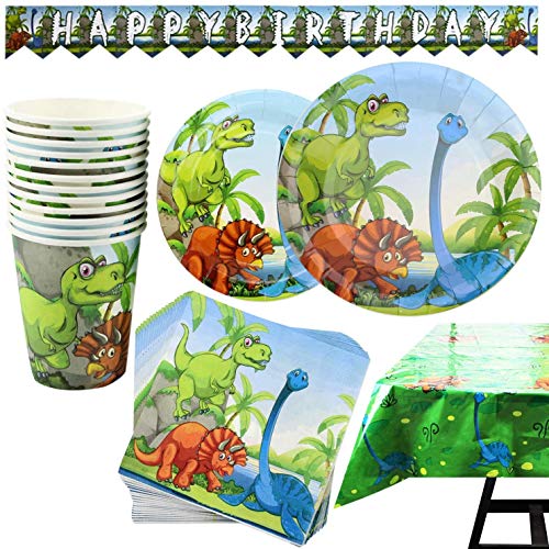 Kompanion Dinosaur Party Set - 102 Piece Party Supplies Kit with Banner, Plates, Cups, Napkins, Tablecloth - Serves 25, Perfect for Kids' Birthday Parties and Themed Celebrations