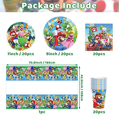 DreamJing Mario Birthday Party Supplies Tableware Set 20 Guests, Mario Party Plates Cups Napkins Tablecloth for Kids Boys Girls Birthday Party Decorations