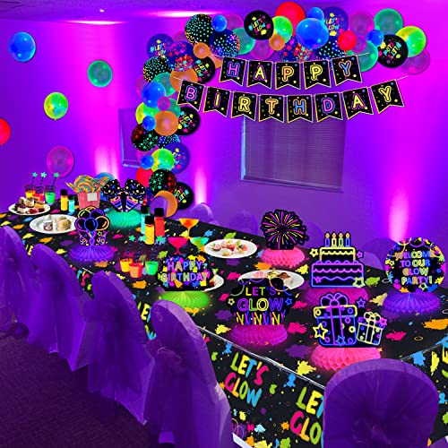 PIXHOTUL Glow Party Birthday Honeycomb Centerpiece - 8 Pcs Black Light Honeycomb Centerpieces and Let's Glow Tablecloth Neon Party Decorations for Kids Glow in Dark Party Supplies (01)
