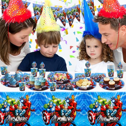 52 Pcs Party Tableware Set, Hero Party Supplies Set with Paper Plates Cups Napkins and Tablecloth , Hero Party Decorations, Kids Birthday Party Decorations