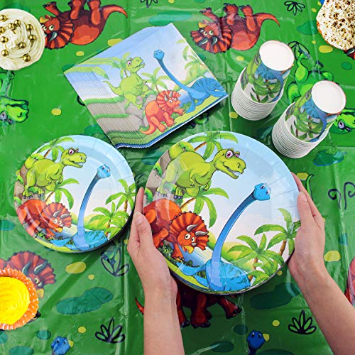 Kompanion Dinosaur Party Set - 102 Piece Party Supplies Kit with Banner, Plates, Cups, Napkins, Tablecloth - Serves 25, Perfect for Kids' Birthday Parties and Themed Celebrations