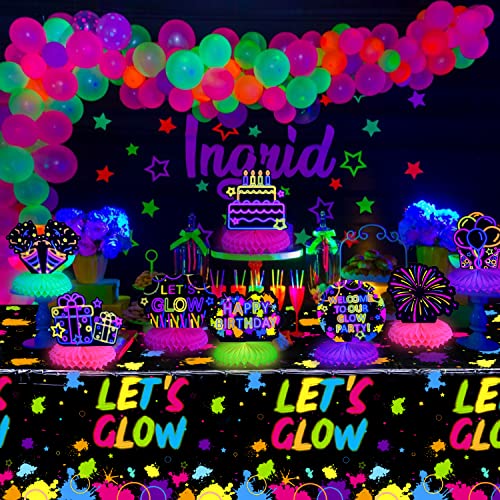 PIXHOTUL Glow Party Birthday Honeycomb Centerpiece - 8 Pcs Black Light Honeycomb Centerpieces and Let's Glow Tablecloth Neon Party Decorations for Kids Glow in Dark Party Supplies (01)