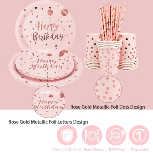 Pink and Gold Party Supplies Pink Birthday Plate Happy Birthday Party Cutlery Include Party Plate Napkins Cup Straws Tablecloths for Baby Shower Girls Ladies Birthday Party (Pink Serves 16)
